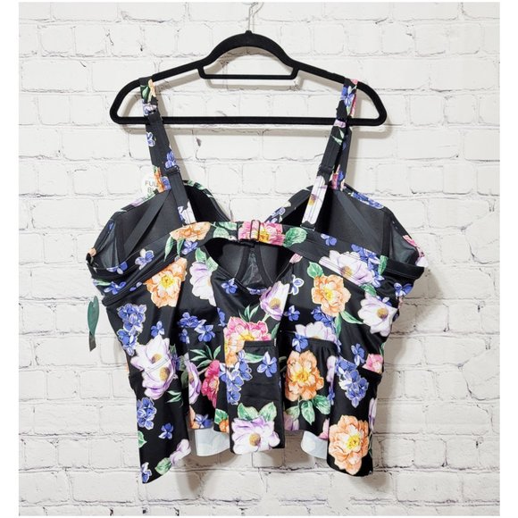 Torrid 5 F Black Floral Tie Front Peplum Underwire Midkini Tankini Top 5X 28 - Picture 5 of 10